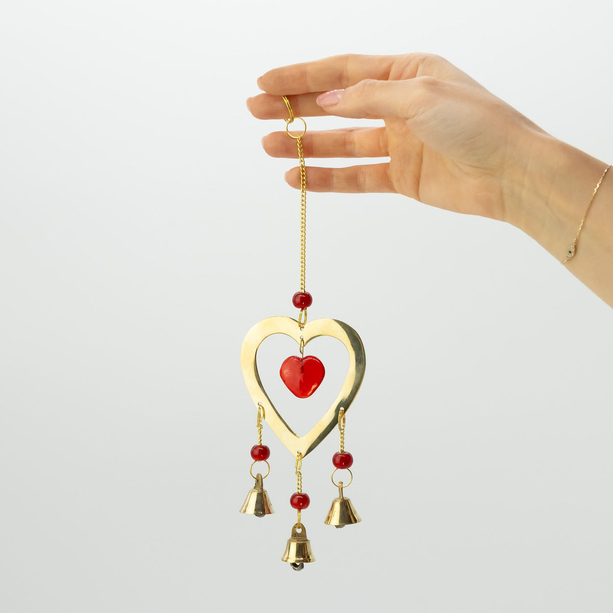 Indian Chimes - Brass With Ruby Glass Heart Beads - 3 Bells