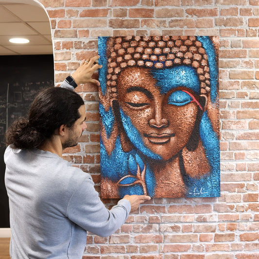 Buddha Painting - Bronze & Blue Flower 75x55cm