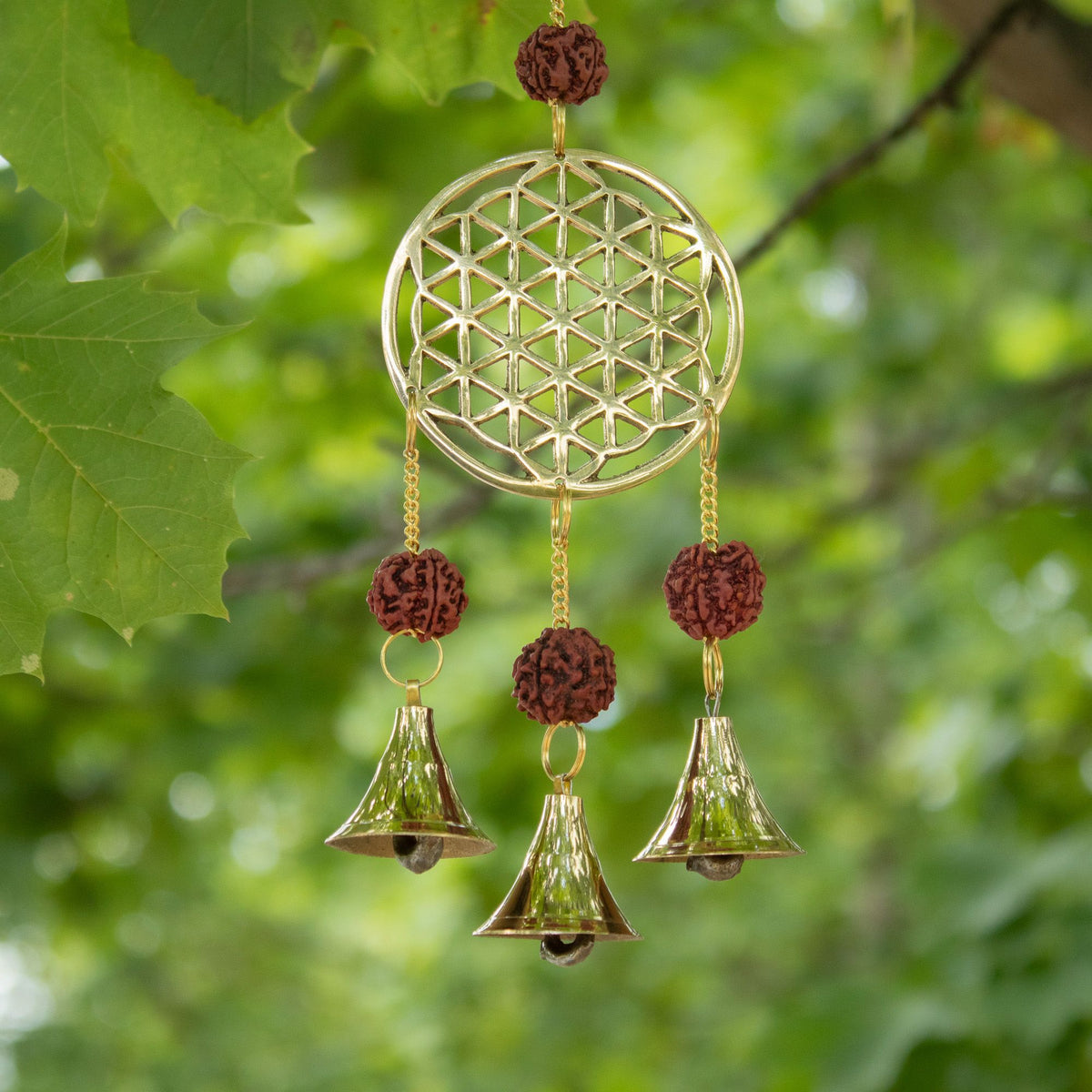 Indian Chimes - Brass Flower of Life with Rudraksha Beads - 3 Bells