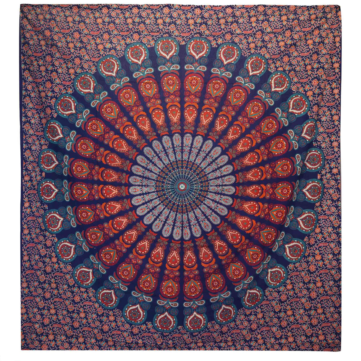 Double Cotton Bedspread + Wall Hanging - Peacock Mandala - Blue