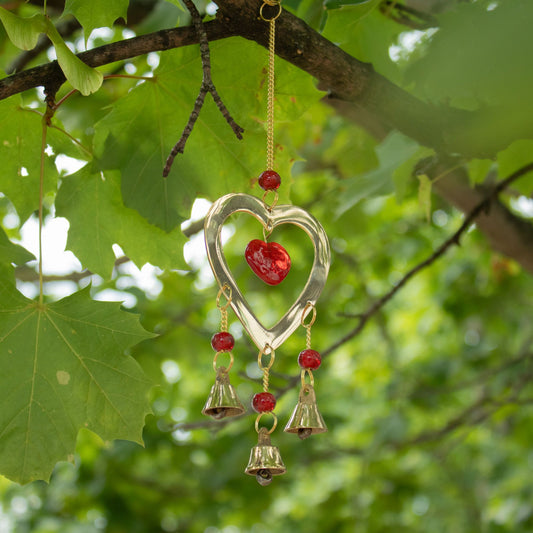 Indian Chimes - Brass With Ruby Glass Heart Beads - 3 Bells