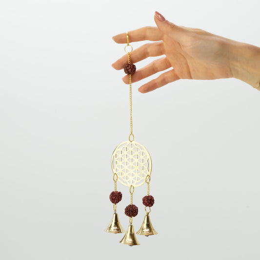 Indian Chimes - Brass Flower of Life with Rudraksha Beads - 3 Bells