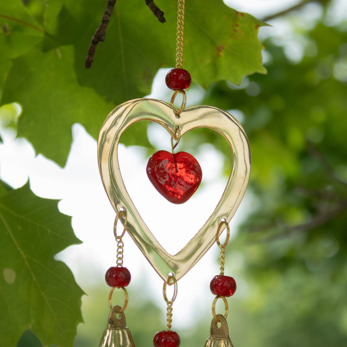 Indian Chimes - Brass With Ruby Glass Heart Beads - 3 Bells