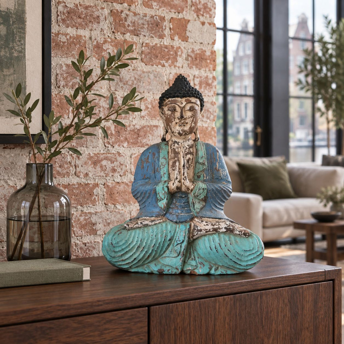 Vintage Blue Mint Hand Carved Buddha Statue - 40cm - Welcome